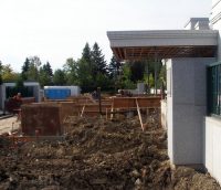 Forms for the foundation of the platform are taking shape directly under the portico roof, and extending to the East (29 Aug 2011).