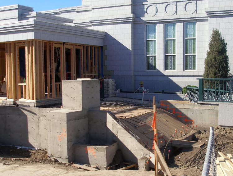 The lower forms and some of the rebar for the north stairs can be seen.