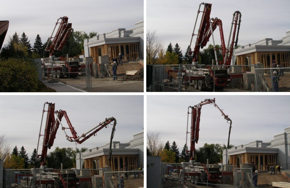 The concrete pumping truck unfolds its arms like a giant praying mantis to start the pour at the south end of the platform.