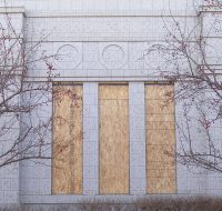 On the North face, the art glass windows near the baptistry are being readied for replacement (31 Oct 2011).