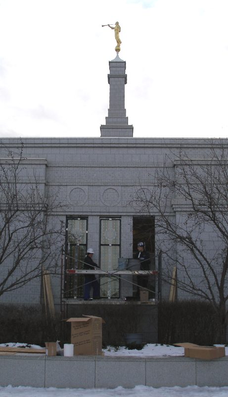 The taller view of the art glass windows installation.