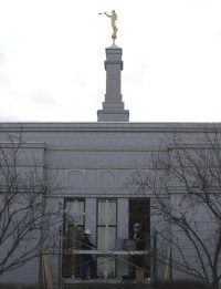 The taller view of the art glass windows being installede on the North face (28 Nov 2011).