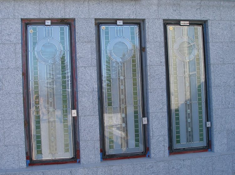 Art glass windows on north face of the new enclosed portico.