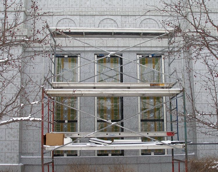 Replacement of the art glass windows on the Temple's north face is nearly complete.
