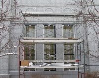 Replacement of the art glass windows on the Temple's north face is nearly complete (6 Mar 2012).