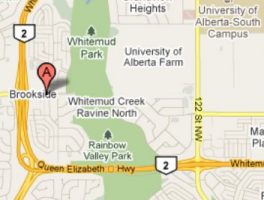 Location on a map of
              the Edmonton Alberta Temple - Whitemud Freeway at 53rd Ave
              Exit, east.