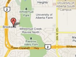 Location on a map of
              the Edmonton Alberta Temple - Whitemud Freeway at 53rd Ave
              Exit, east.