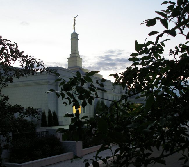 Spire with Moroni statue from Southeast roadway (1).