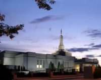 Spire with Moroni statue from Southeast roadway.