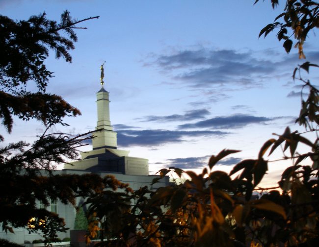 Spire with Moroni statue from Southeast roadway (2).